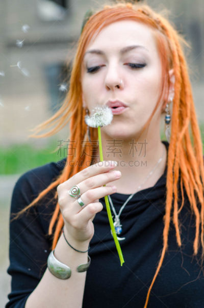雷鬼头,蒲公英,红色,女孩,雷鬼乐,塔法里教教徒,垂直画幅,美,朋克,夏天