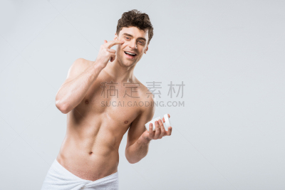 幸福,男人,无上装,灰发,米色,人的脸部,分离着色,健康,躯干,影棚拍摄