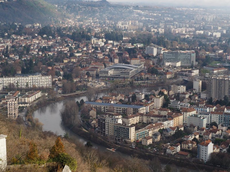 Grenoble, France – December 23, 2018: photography some the skyline of the city of Grenoble, France. The photography was taken at La Bastille viewpoint. La Bastille is a fortress culminating at 476 m (1,561ft) above sea level, located at the south end of t