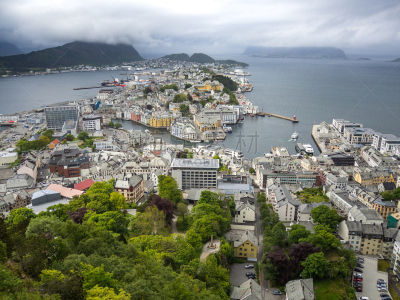 海港,阿雷松德,阿克斯拉山,全景,挪威,视角,水,水平画幅,云,山
