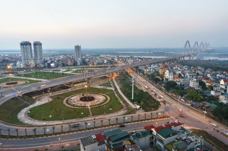 越南,城市,都市风景,城市天际线,河内,桥,航拍视角,马轿,泰河,日落