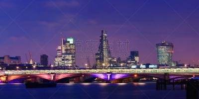 夜晚,伦敦,黑修道士桥,泰晤士河,水平画幅,建筑,无人,全景,城市天际线
