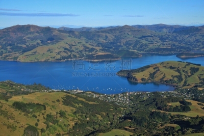 海港,akaroa,风景,远距离,水,天空,水平画幅,山,无人