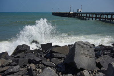 海滩,海洋,印度,海岸线,本地治里,码头,天空,度假胜地,水平画幅,无人