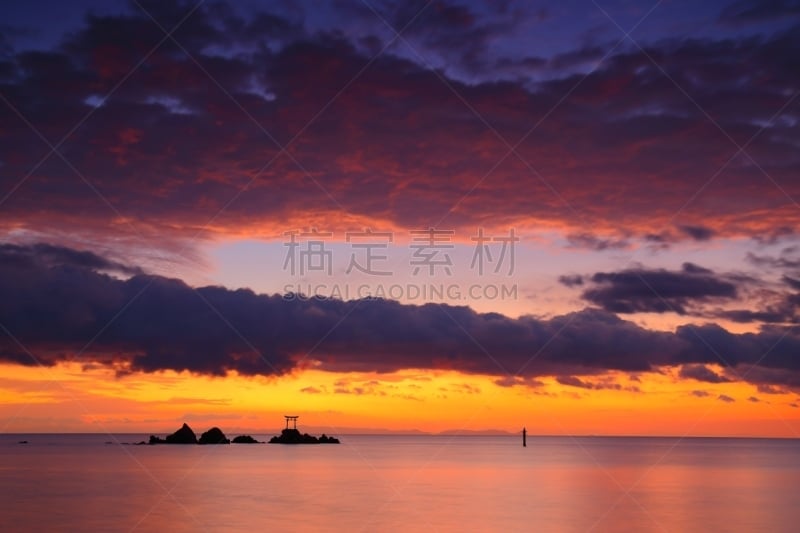 鸟居,海岸线,海滩,水平画幅,无人,早晨,户外,海洋,日出,关闭