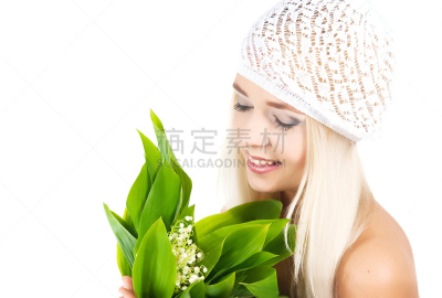 金色头发,女孩,花束,铃兰,拟人笑脸,仅一朵花,仅成年人,头发,青年人,白色
