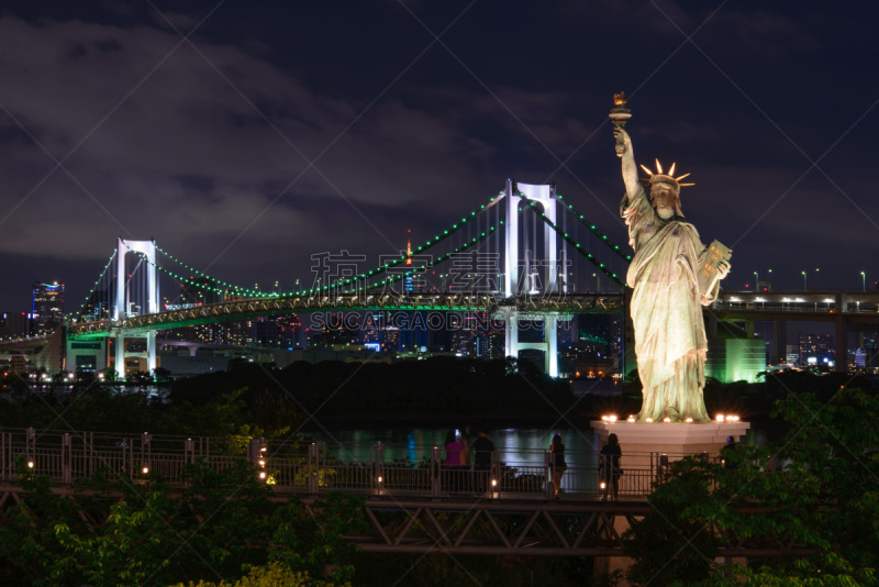 台场,东京,城市天际线,statue of liberty replic,自由女神复制像,东京塔,里山,夜晚,曙暮光,旅行者