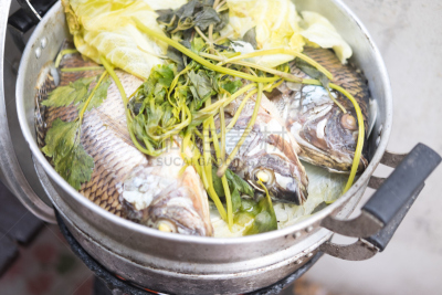 蒸菜,罗非鱼,泰国食品,蔬菜,水平画幅,膳食,海产,草,特写,泰国