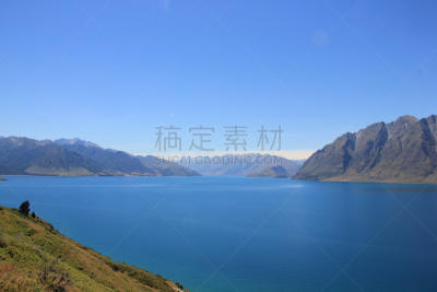 哈威亚湖,新西兰,水,天空,水平画幅,山,无人,户外,湖,草