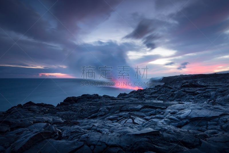 熔岩,火,水,天空,夏威夷大岛,火山岩,海滩,黎明,风景,海景