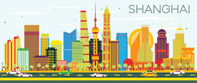 城市天际线,建筑外部,抽象,上海,彩色图片,天空,蓝色,商务,城市生活,旅途