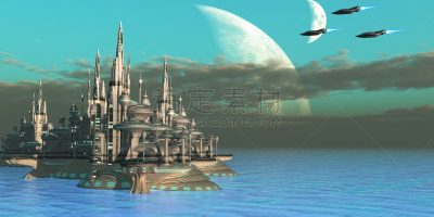 行星,未来,客船,水平画幅,无人,空间站,海港,月亮,绘画插图,太空船