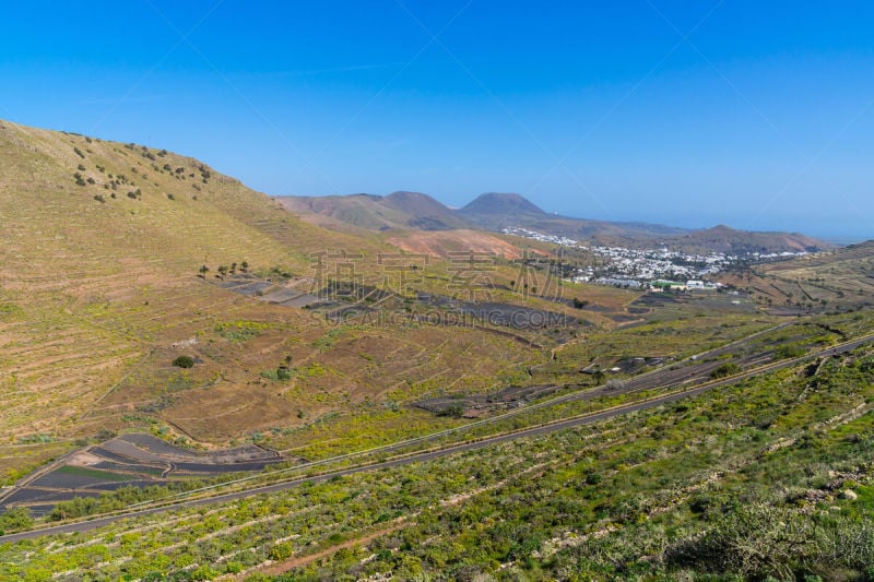 城市,火山,山脉,棕榈树,兰萨罗特岛,西班牙,几乎,干热气候,山谷,热带气候