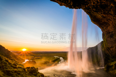 冰岛国,seljalandsfoss waterfall,地形,水,天空,水平画幅,瀑布,夏天,户外,草