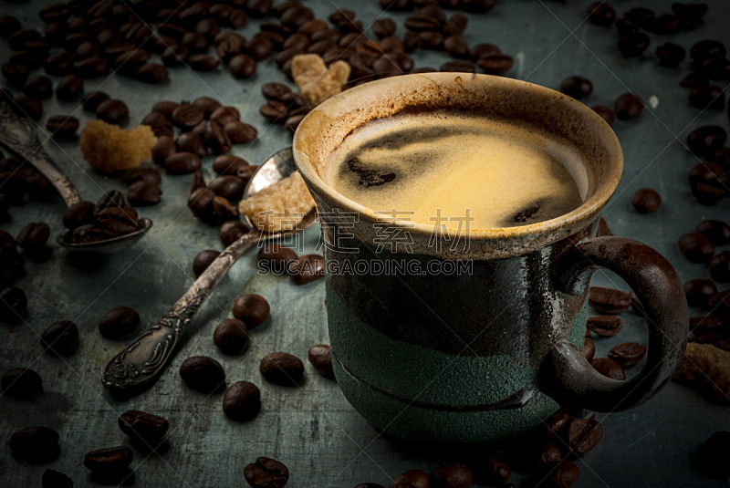 咖啡杯,背景,烤咖啡豆,褐色,芳香的,水平画幅,茶碟,古老的,生食,饮料