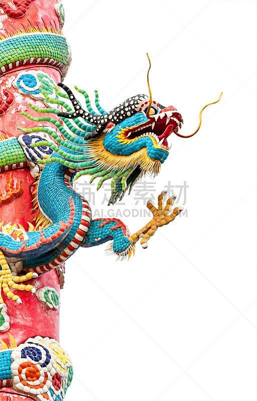 雕像,中国龙,分离着色,白色背景,垂直画幅,建筑,无人,符号,泰国,龙