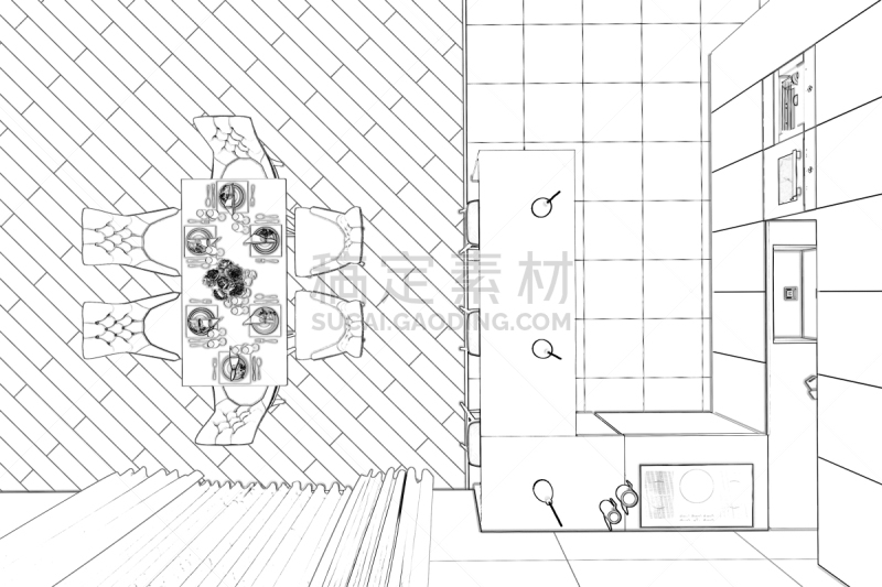 草图,饭厅,极简构图,视角,顶部,铅笔,技术,地板,蓝图,餐具