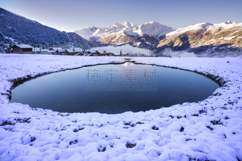 雪,池塘,天空,美,水平画幅,无人,早晨,户外,湖,瑞士阿尔卑斯山