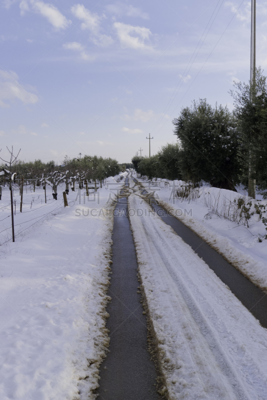 雪,乡村路,垂直画幅,天空,留白,无人,平视角,普利亚区,户外,输电塔