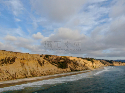航拍视角,沙岩,悬崖,海岸线,海滩,太平洋,波浪,黄色,紧迫,日落