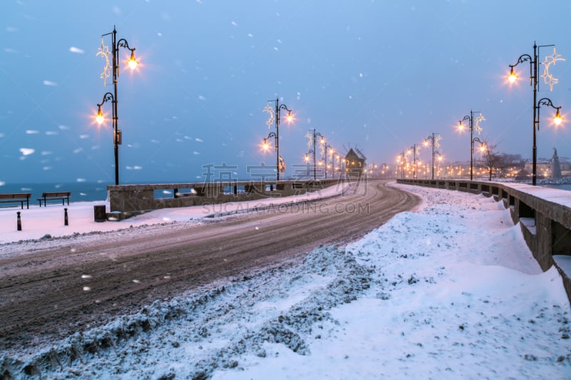 冬天,海滨城市,水,天空,水平画幅,雪,无人,海港,古老的,古城