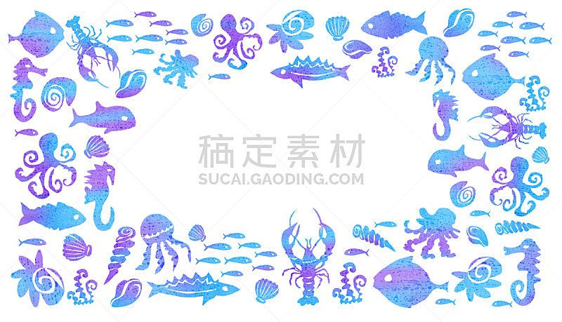 鱼类,海马,小龙虾,章鱼,贻贝,水母,白色背景,螯虾,边框,墨鱼