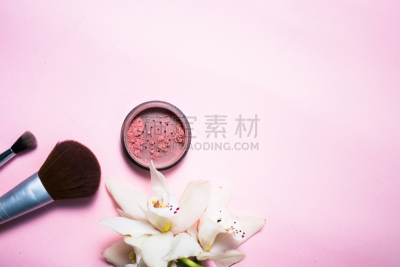 化妆刷,扑面粉,粉色背景,仅一朵花,兰花,水平画幅,无人,许愿基金会,乌克兰,粉色