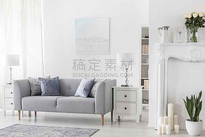 白色,蜡烛,平坦的,柜子,沙发,银色,极简构图,植物群,几乎,摄影