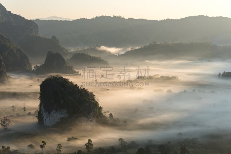 天空,早晨,泰国,山,雾,地形,在下面,水平画幅,无人,夏天