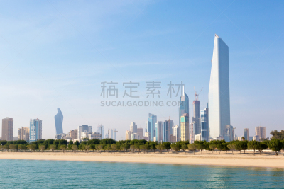 科威特,城市天际线,水,天空,公园,新的,水平画幅,无人,海港,户外