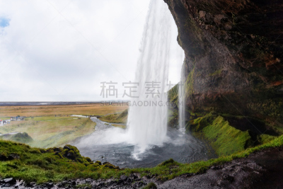 seljalandsfoss waterfall,小路,湿,洞室,冰岛东南部,洞穴,冰岛国,水,水平画幅,瀑布