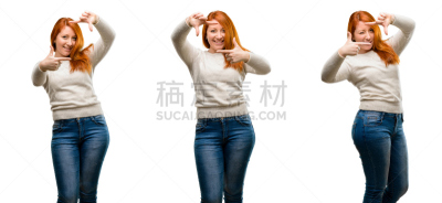 幸福,信心,手,女人,青年人,红发人,自然美,手指框,写,出示