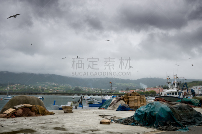加利西亚,特拉华,渔网捕鱼,鱼漂,拖捞船,渔镇,固定的,浮标,水平画幅,无人