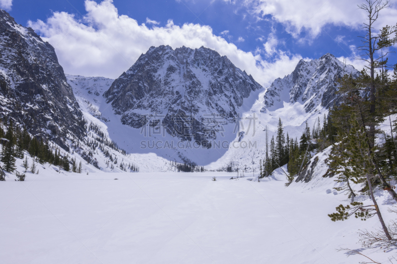 雪,湖,极端地形,冻结的,在上面,温纳曲,卡斯基德山脉,华盛顿州,天空,美