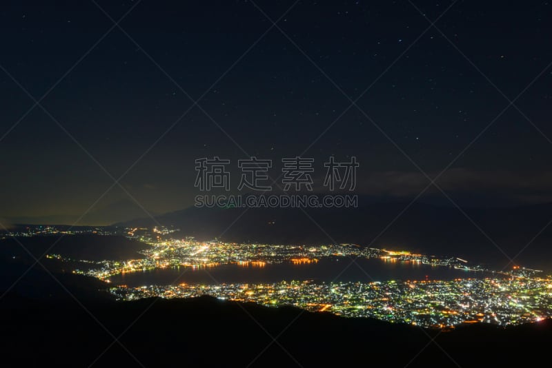 诹访,富士山,夜晚,山,城市,苏瓦湖,巴岳山,日本阿尔卑斯山脉,长野县,美