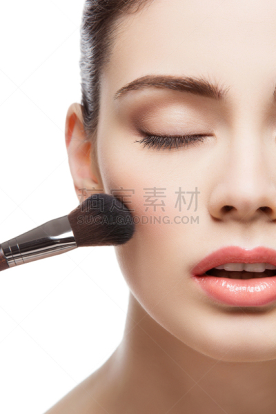 腮红,自然美,化妆刷,女孩,垂直画幅,留白,脸颊,化妆用品,白人,特写