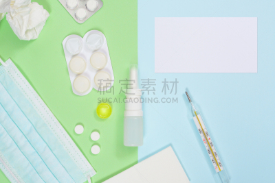 药,手帕,温度计,概念,绿色,留白,白色,蓝色背景,鼻喷入法,感冒