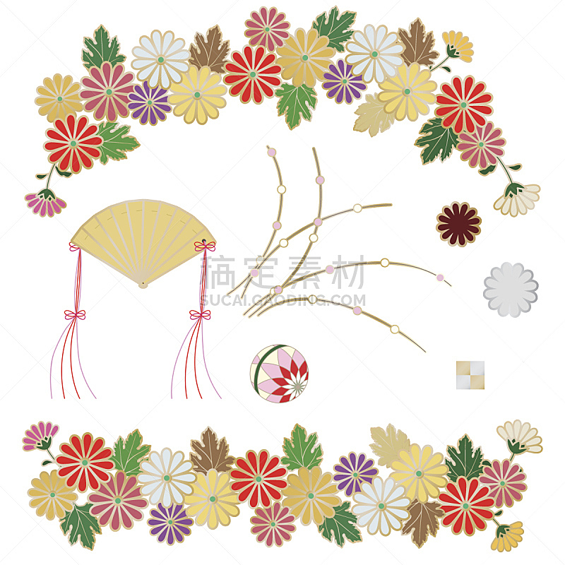 菊花,边框,球,纺织品,无人,绘画插图,传统,白色,植物,新年