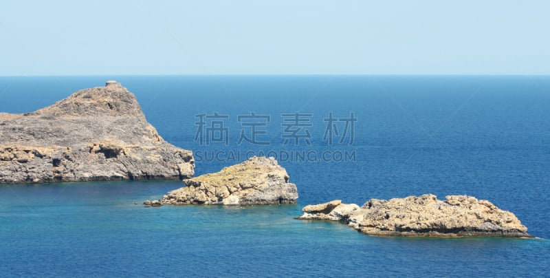 希腊,山,林多斯,海湾,水,天空,度假胜地,水平画幅,罗德岛,无人