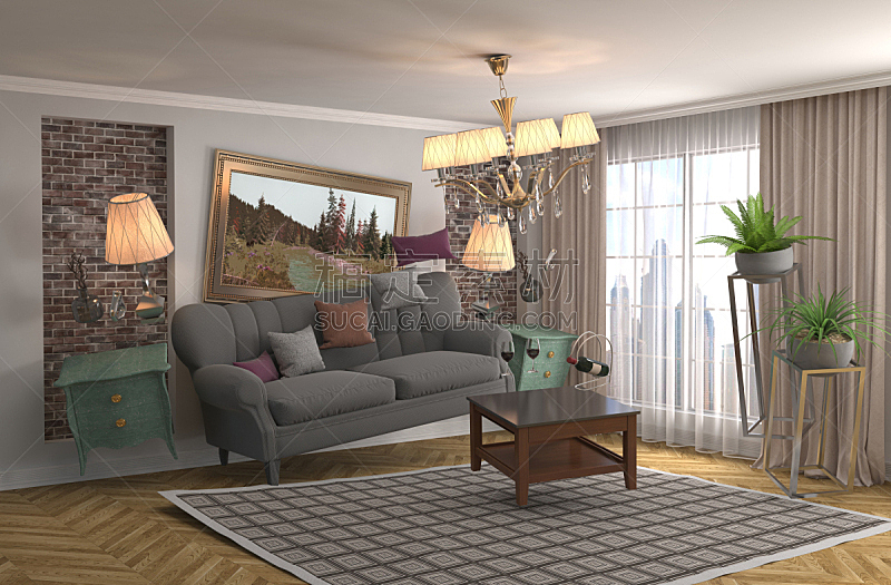 沙发,三维图形,起居室,绘画插图,水平画幅,形状,墙,无人,灯,家具