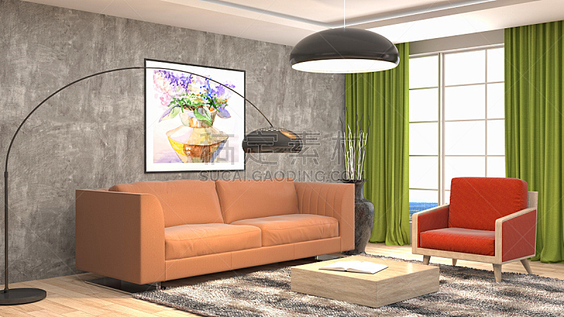 室内,起居室,三维图形,绘画插图,普罗旺斯,扶手椅,褐色,座位,水平画幅,无人