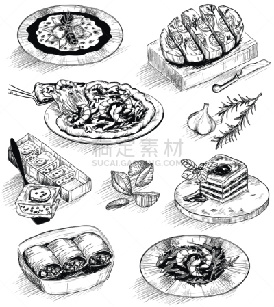 食品,草图,绘画插图,meat loaf,肉馅面包,铅笔画,虾,意大利面,蔬菜,菜单