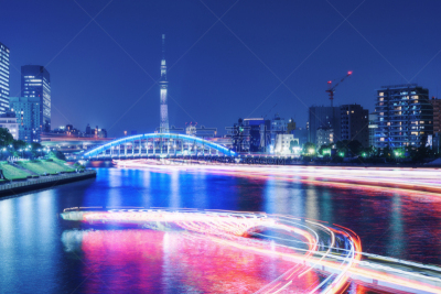 译太电桥,船屋,光轨,白色,东京,天空树,river sumida,东京天空树,水平画幅,夜晚