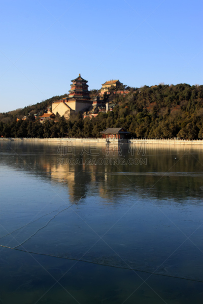 昆明湖,冻结的,佛香阁,阁楼,垂直画幅,户外,碾碎了的,特写,冬天,怀旧