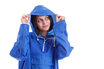 女人,雨衣,衣服,风帽,白色背景,背景分离,图像,天气,美,防水服