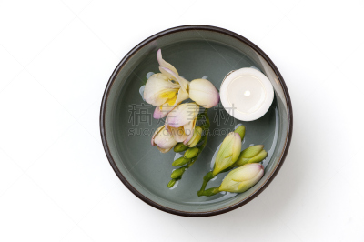 spa美容,宠物食盘,幸福,蜡烛,水平画幅,健康水疗,白色背景,漂浮,摄影