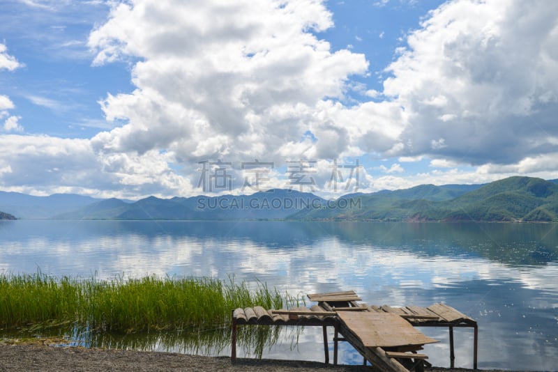 泸沽湖,中国,丽江,风景,芦苇,宽的,被抛弃的,高原,水,天空