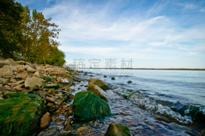 岩石,苔藓,湖,水边,天空,湖岸,水平画幅,无人,户外,波浪