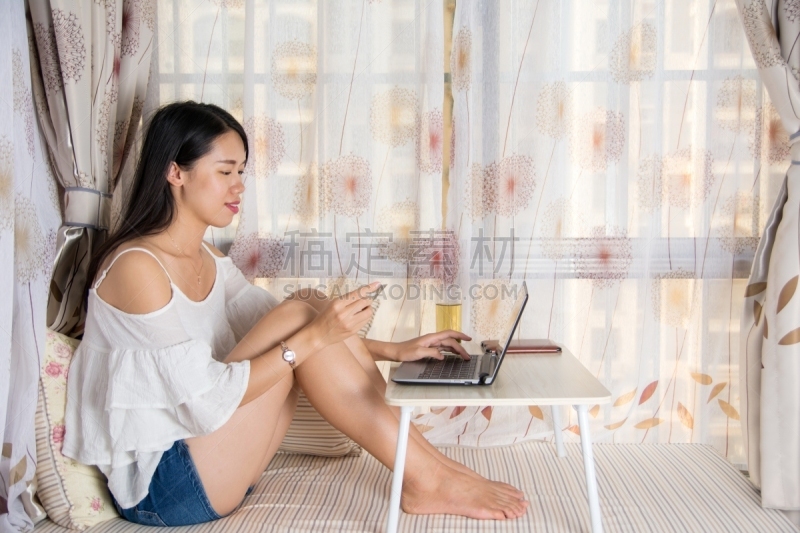 在家购物,拉凡他那石拱,青年女人,凸窗,电子商店,美,笔记本电脑,休闲活动,水平画幅,美人