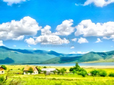 水彩画颜料,背景,田地,山,草原,水彩画,绘画艺术品,铅笔画,风景,地形